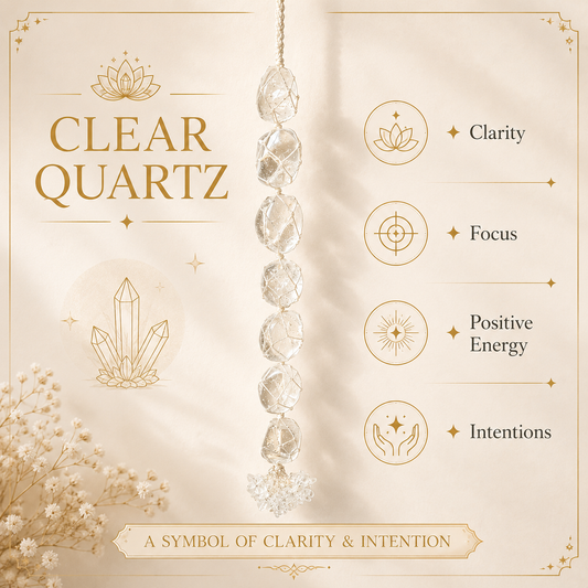 A clear quartz crystal suncatcher ornament hanging vertically on a beige fabric background, surrounded by decorative gold text and icons highlighting its benefits: Clarity, Focus, Positive Energy, and Intentions.