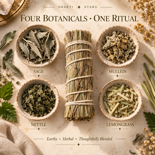 A styled flat-lay of four herbal ingredients arranged around a central bundle of dried grass tied with string. The ingredients are labeled Sage, Mullein, Nettle, and Lemongrass, with the text 'FOUR BOTANICALS • ONE RITUAL' at the top and 'Earthly • Herbal • Thoughtfully Blended' at the bottom.