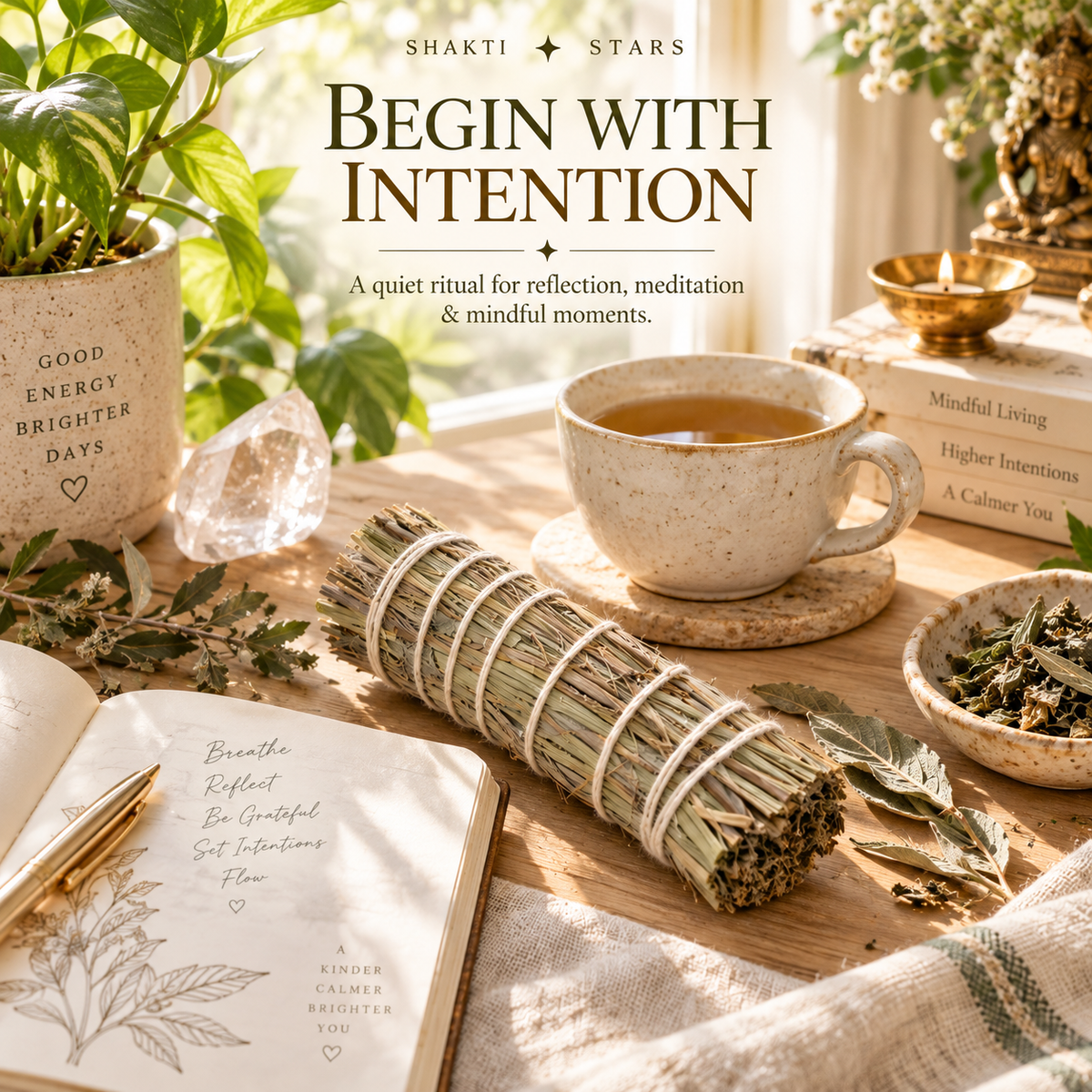 A styled tabletop scene with a white sage smudge bundle wrapped in string, a ceramic cup of tea on a coaster, an open notebook with a pen, dried herbs in a small dish, books, a candle, and plants in a bright natural setting. Large overlaid text reads 'BEGIN WITH INTENTION' with smaller subtitle text.