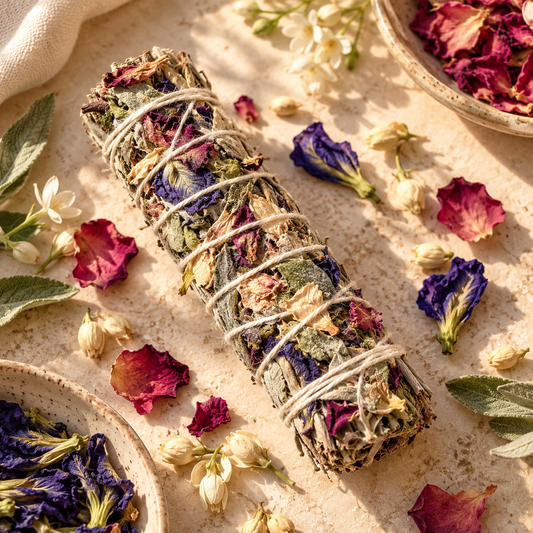 A dried herbal smudge bundle wrapped in natural twine, styled on a textured beige surface with scattered dried flowers, leaves, and bowls of botanical ingredients.