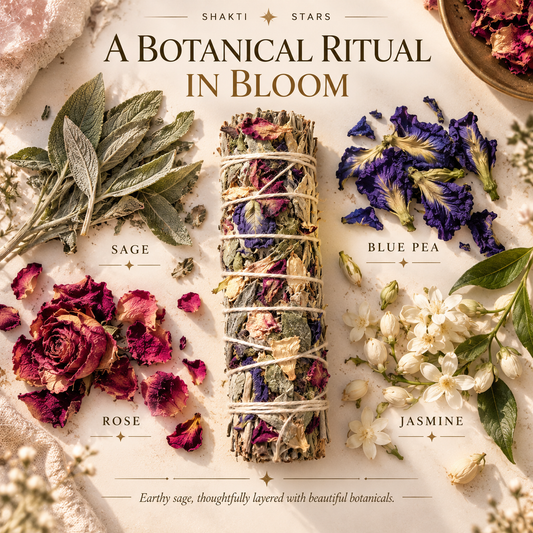 A botanical ritual bundle wrapped in natural string, displayed on a light stone surface with labeled botanical elements including sage leaves, blue pea flowers, rose petals, and jasmine blossoms. Text at the top reads 'A Botanical Ritual in Bloom' and 'Shakti Stars'.