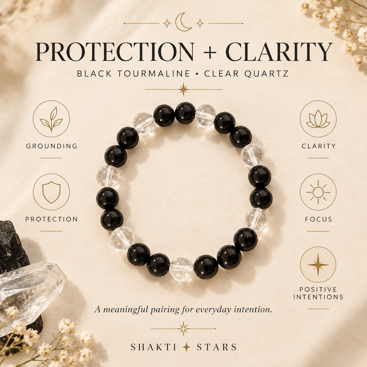 A beaded bracelet made of black tourmaline and clear quartz stones, displayed on a cream-colored background with decorative crystals and text overlays explaining its spiritual benefits. The brand name 'SHAKTI STARS' is visible at the bottom.