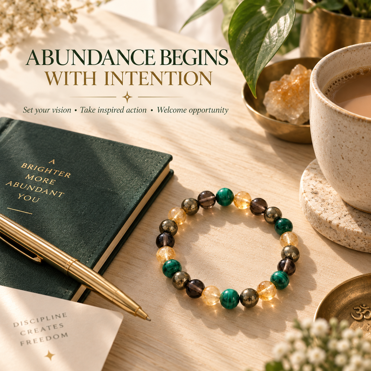 A beaded bracelet made of green, amber, and dark brown beads is displayed on a light wood desk next to a dark green journal, a gold pen, and a cup of tea, with the text 'ABUNDANCE BEGINS WITH INTENTION' at the top.