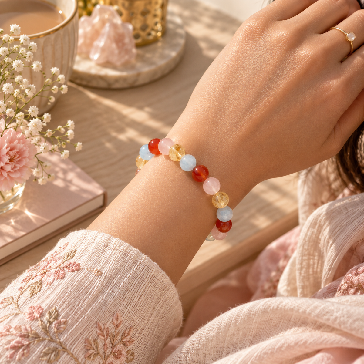 Relationship & Love Crystal Bracelet | Rose Quartz, Aquamarine, Carnelian & Citrine