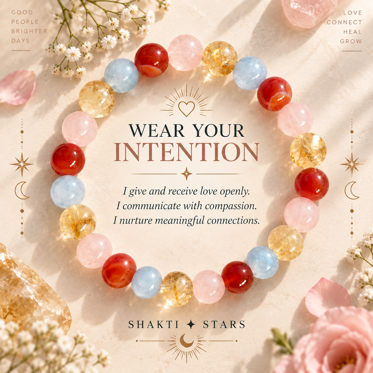 Relationship & Love Crystal Bracelet | Rose Quartz, Aquamarine, Carnelian & Citrine