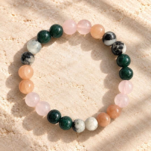 Self-Love & Confidence Crystal Bracelet | Rose Quartz, Sunstone, Green Jade & Rainbow Moonstone