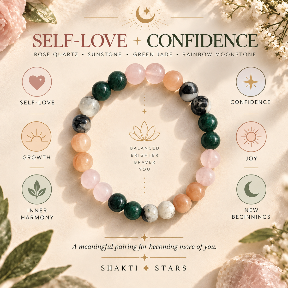 Self-Love & Confidence Crystal Bracelet | Rose Quartz, Sunstone, Green Jade & Rainbow Moonstone