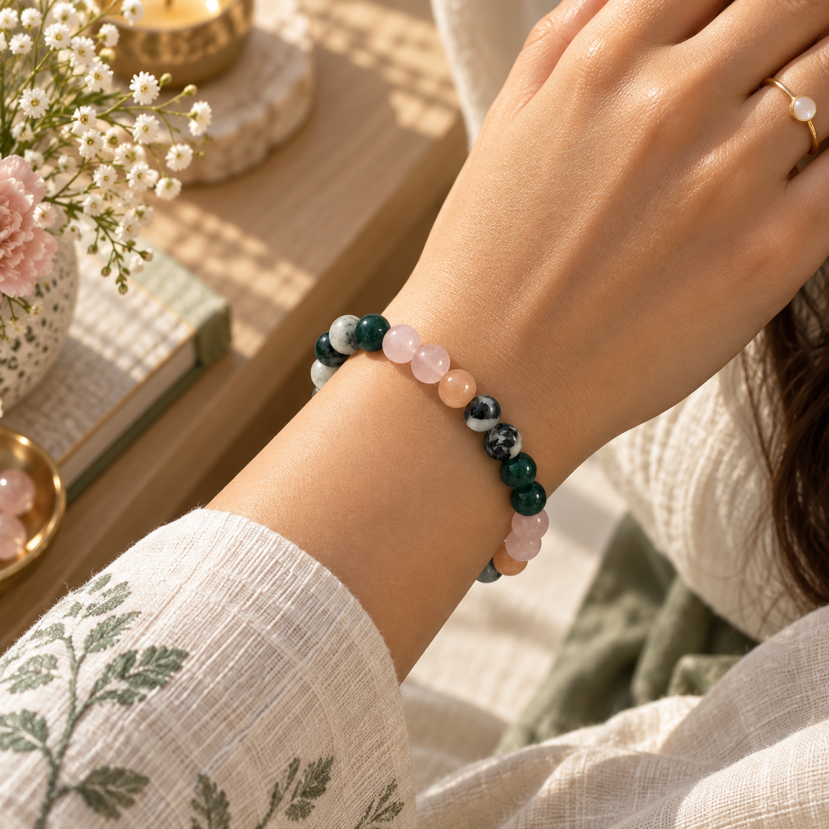 Self-Love & Confidence Crystal Bracelet | Rose Quartz, Sunstone, Green Jade & Rainbow Moonstone