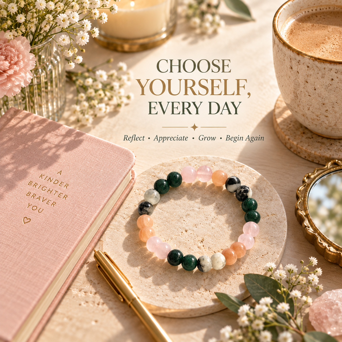 Self-Love & Confidence Crystal Bracelet | Rose Quartz, Sunstone, Green Jade & Rainbow Moonstone