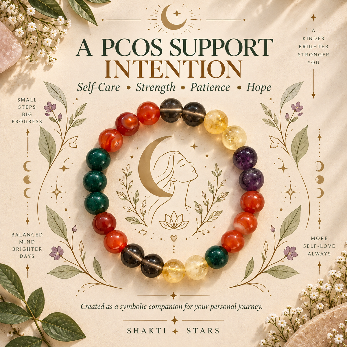 PCOS Support Crystal Bracelet | Carnelian, Citrine, Smoky Quartz, Amethyst & Green Jade