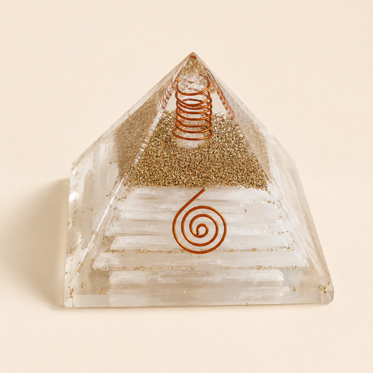 Selenite Orgone Pyramid with Crystal Pencils & Copper Coil