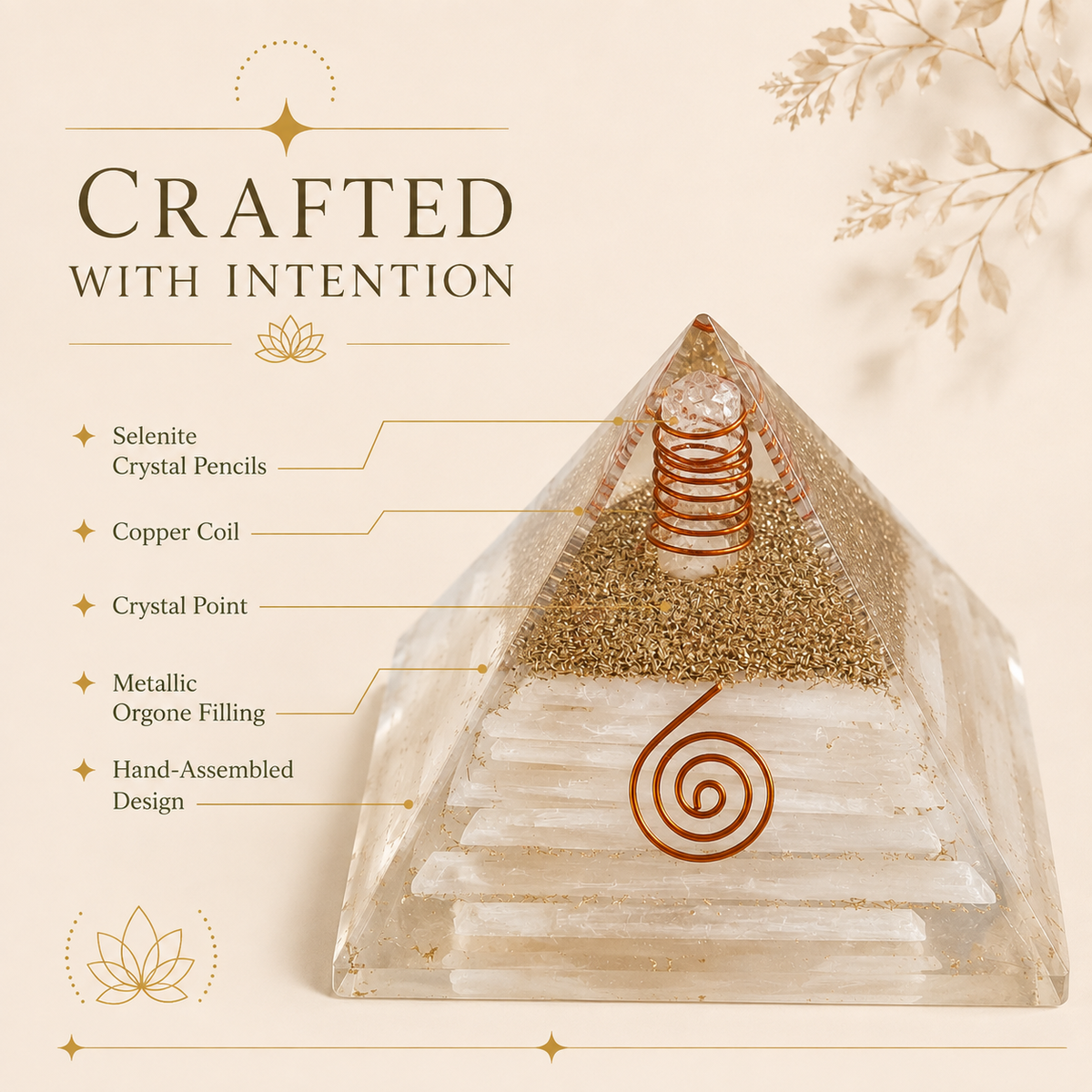 Selenite Orgone Pyramid with Crystal Pencils & Copper Coil