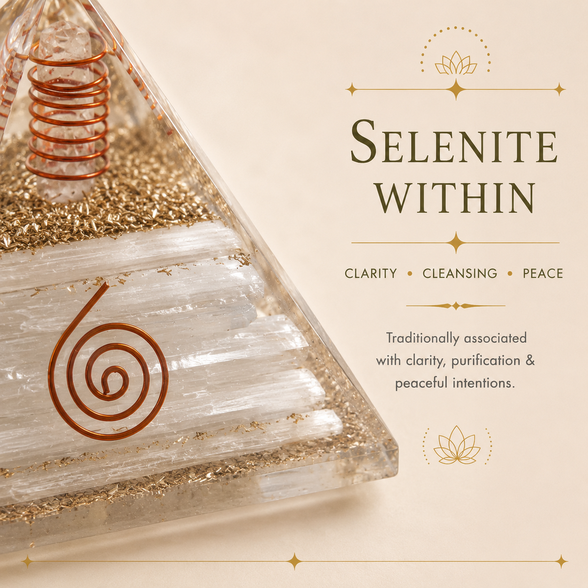 Selenite Orgone Pyramid with Crystal Pencils & Copper Coil