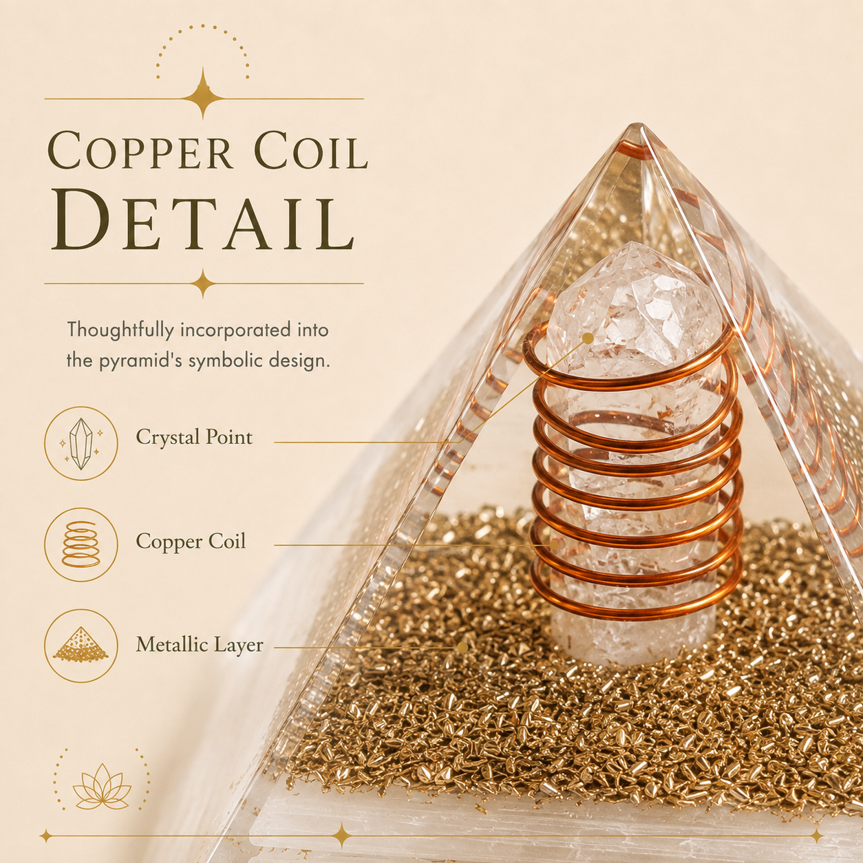 Selenite Orgone Pyramid with Crystal Pencils & Copper Coil
