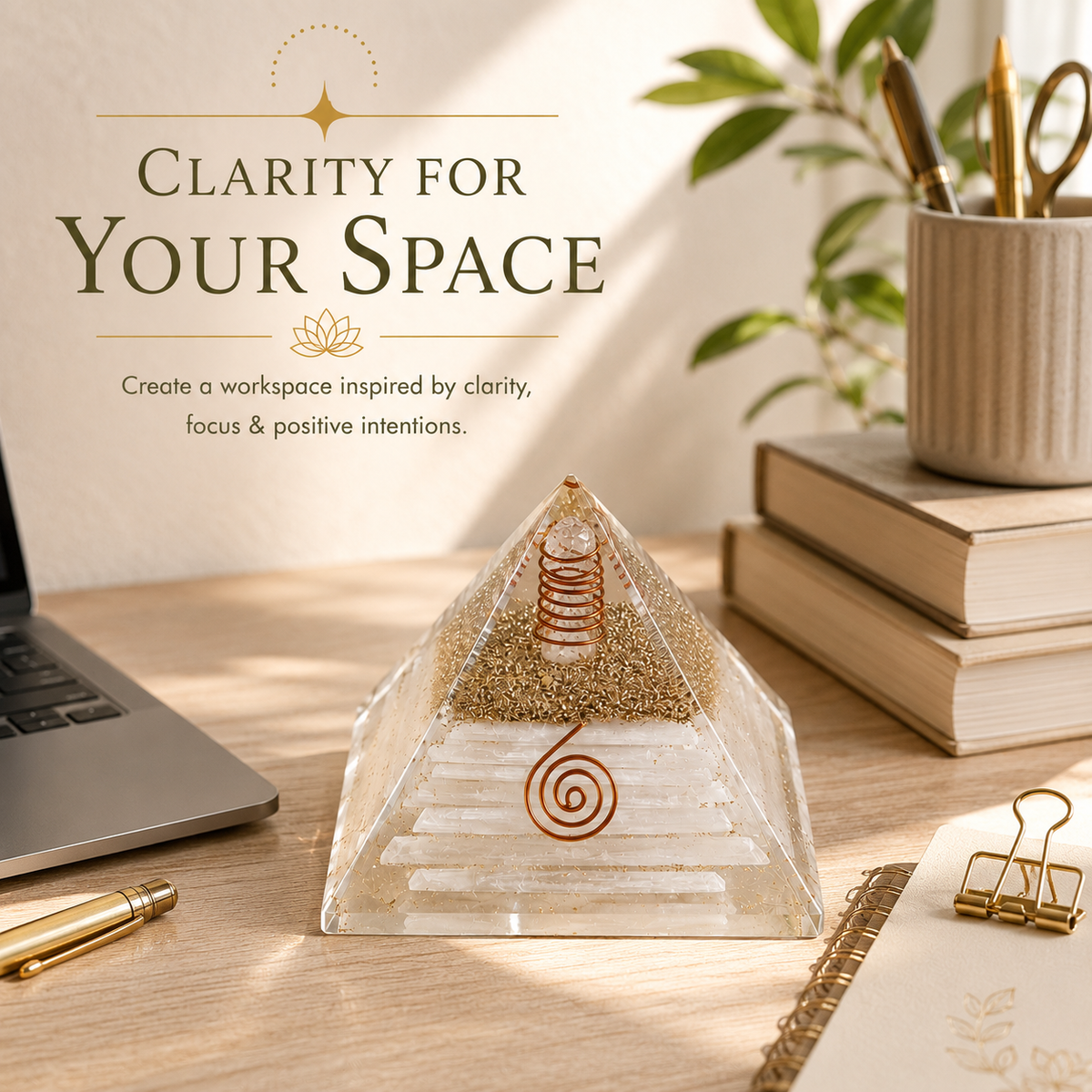 Selenite Orgone Pyramid with Crystal Pencils & Copper Coil