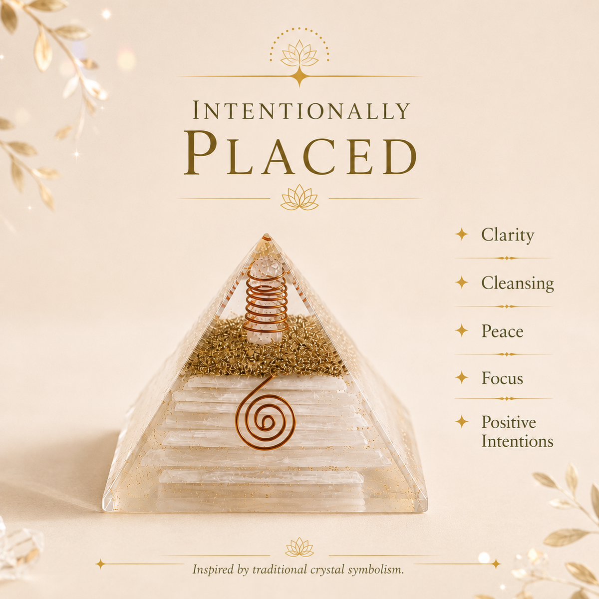Selenite Orgone Pyramid with Crystal Pencils & Copper Coil