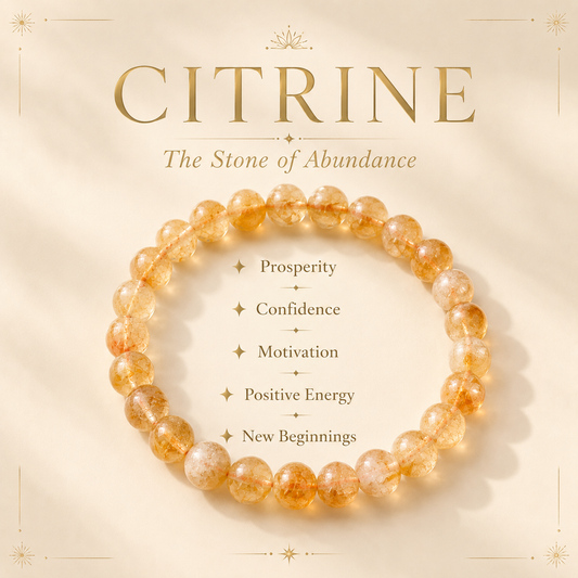 A circular beaded bracelet made of translucent orange-citron stones, displayed on a warm cream background with elegant gold typography reading 'CITRINE The Stone of Abundance' and feature text listing prosperity, confidence, motivation, positive energy, and new beginnings.