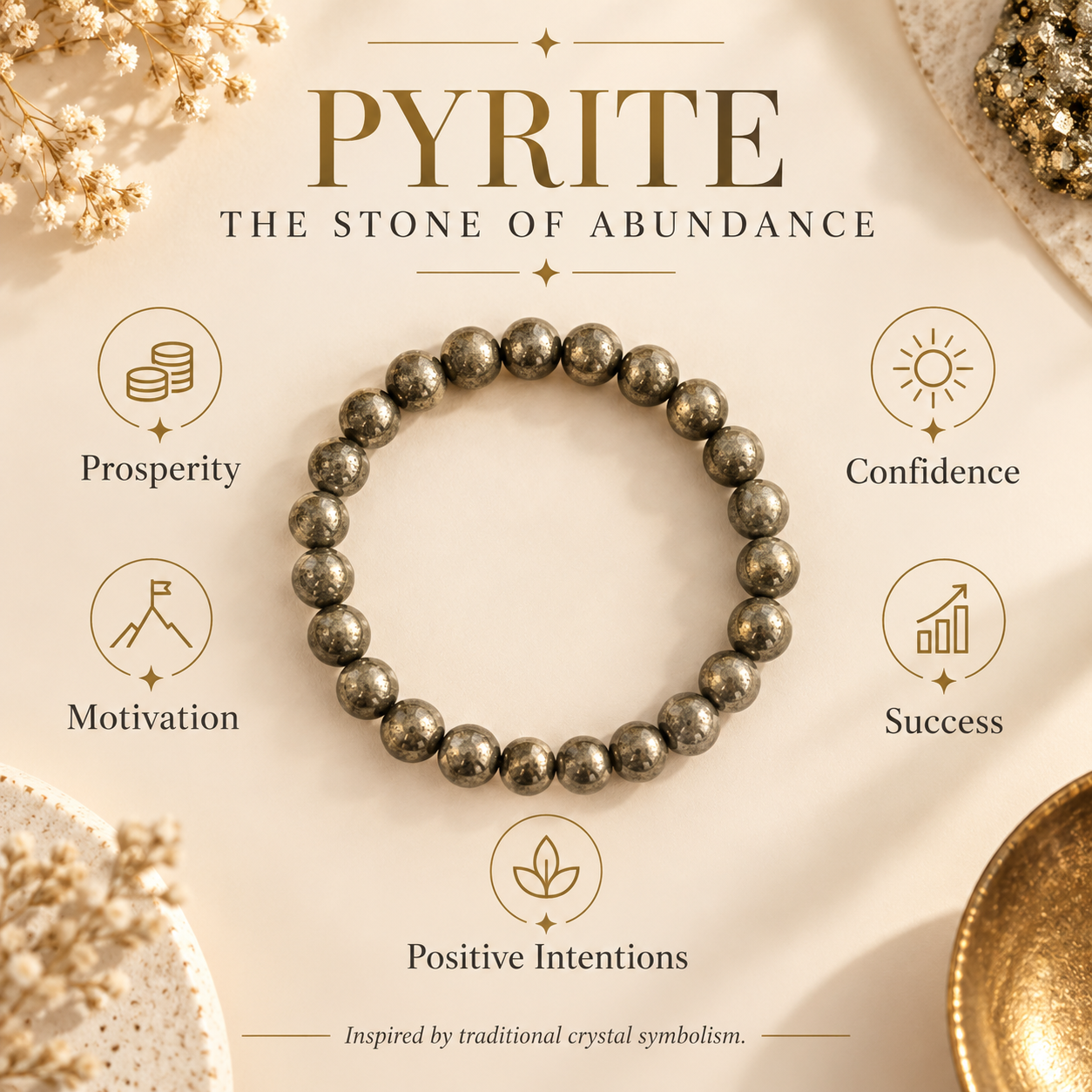 A beaded bracelet made of metallic pyrite stones arranged in a circle on a cream background with decorative dried flowers and gold-toned props. Large text reads 'PYRITE THE STONE OF ABUNDANCE' with icons for Prosperity, Confidence, Motivation, Success, and Positive Intentions.