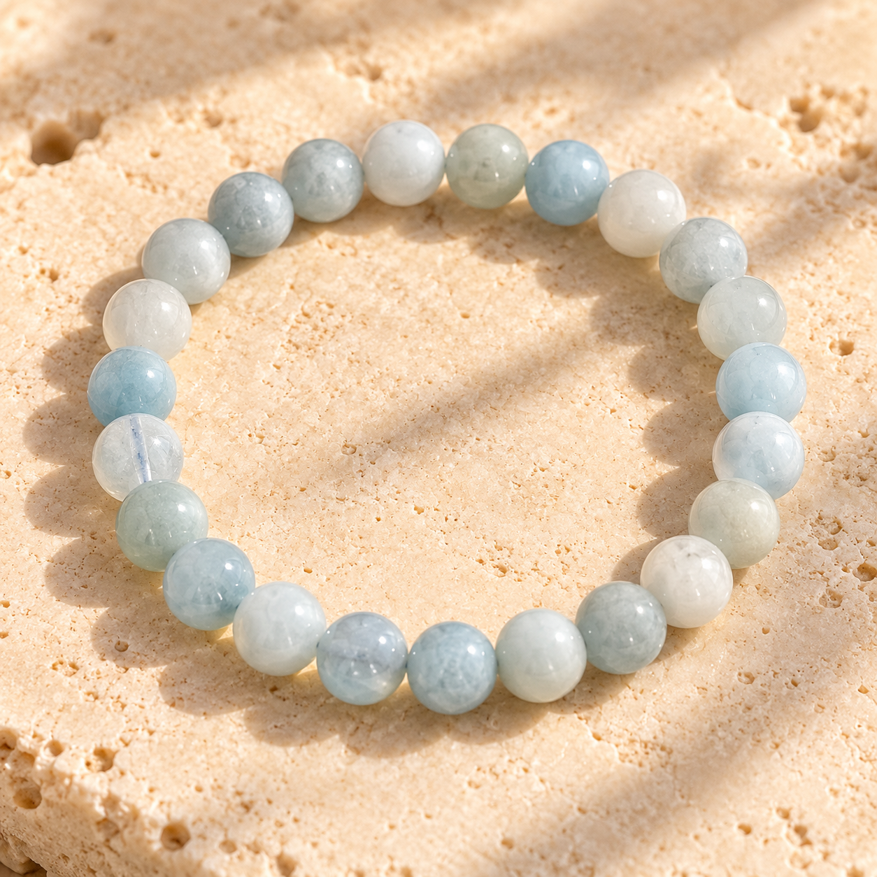 A beaded stretch bracelet made of round light blue and white gemstone beads, displayed on a textured beige stone surface with soft shadows.
