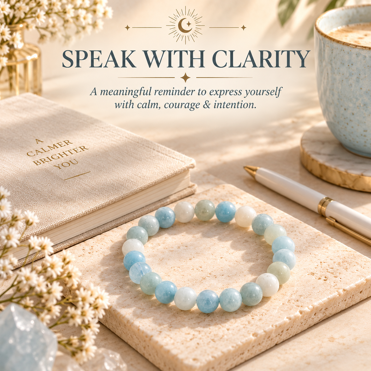 A beaded stretch bracelet made of light blue and white stones sits on a stone coaster beside a book, coffee cup, and pen, with the text 'SPEAK WITH CLARITY' above it.