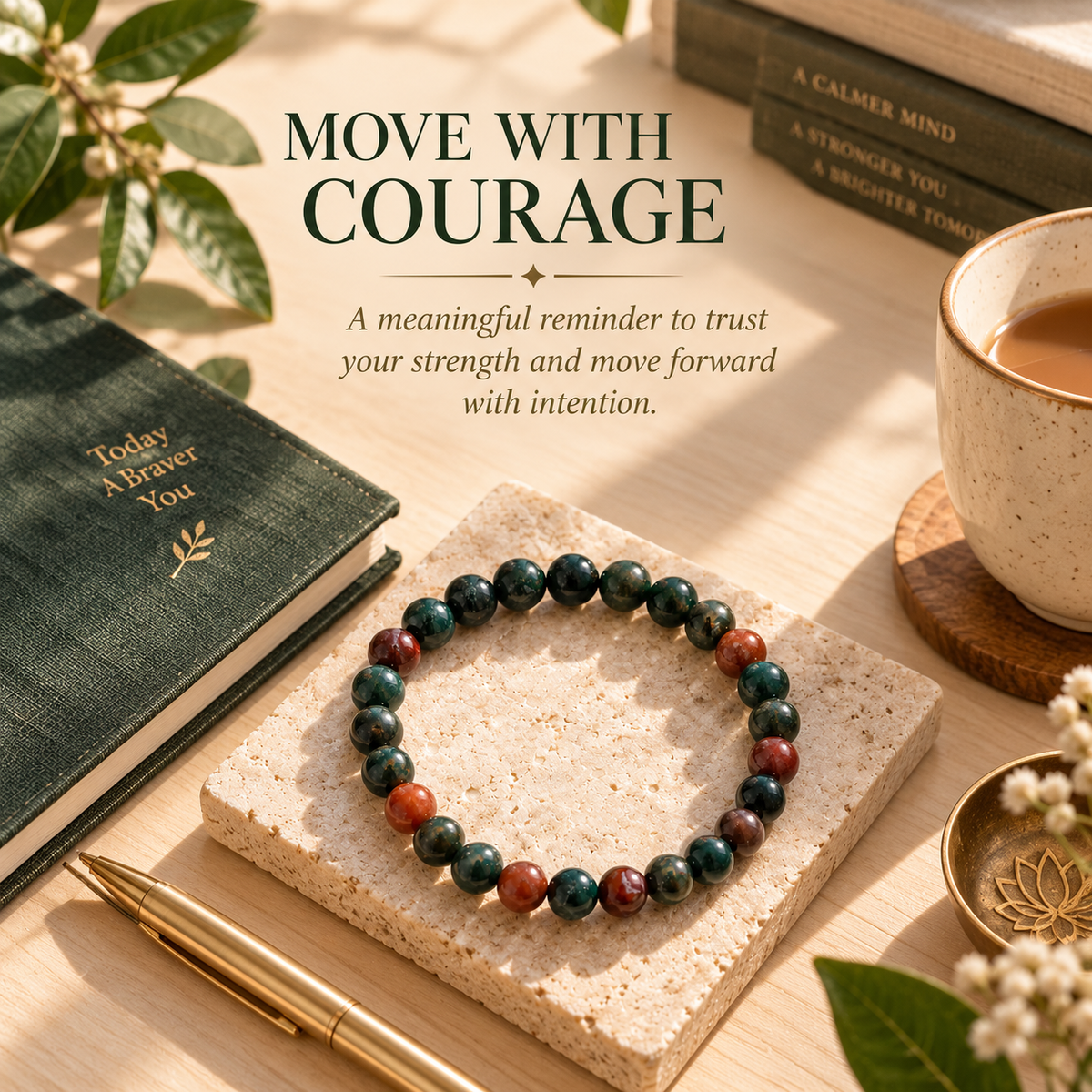 A beaded bracelet made of dark green, blue, and reddish-brown marbled beads sits on a square stone coaster on a wooden desk. The scene is styled with a green journal, a gold pen, a cup of coffee, and books, with the text 'MOVE WITH COURAGE' overlaid at the top.