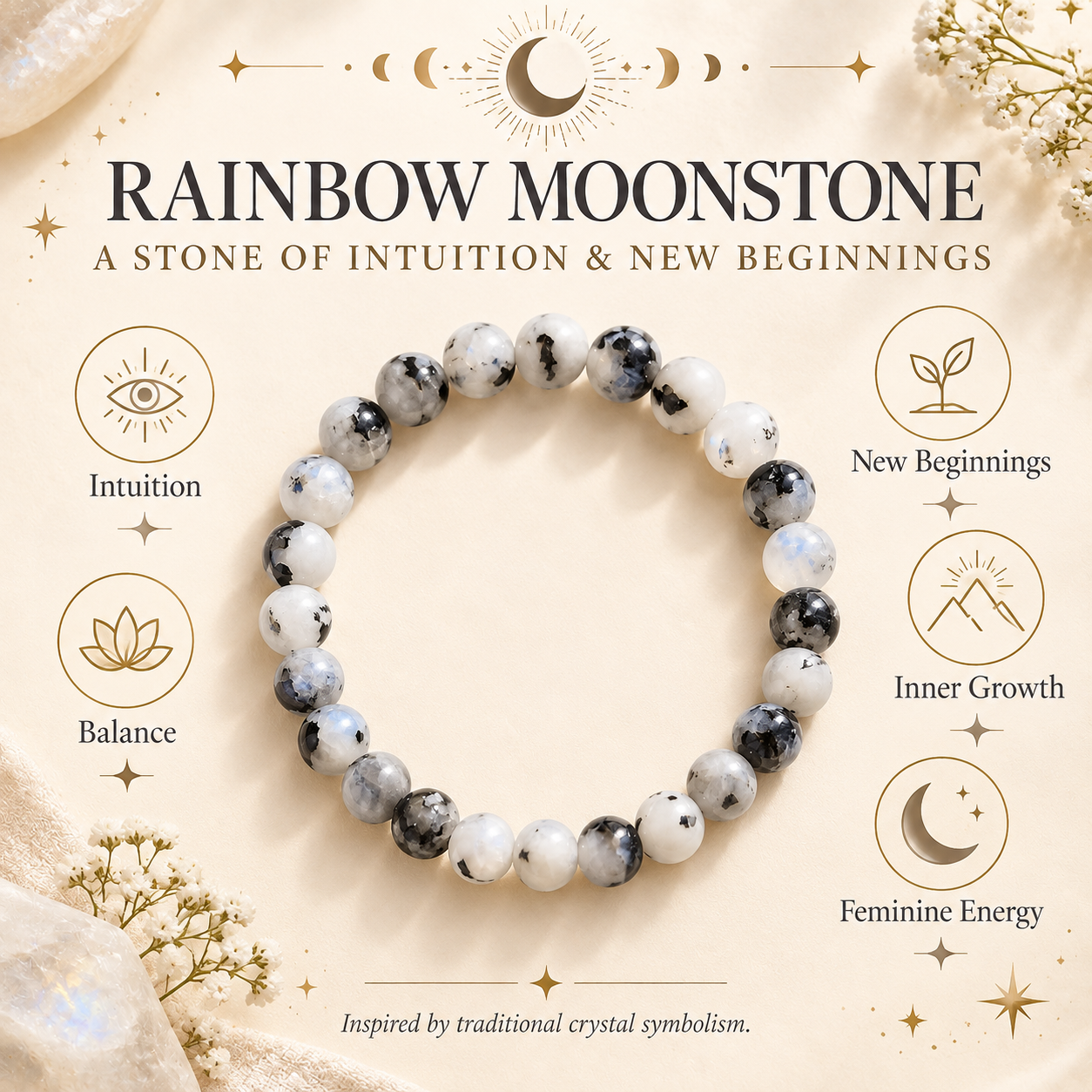 Natural Rainbow Moonstone Bracelet – Intuition, New Beginnings & Inner Glow