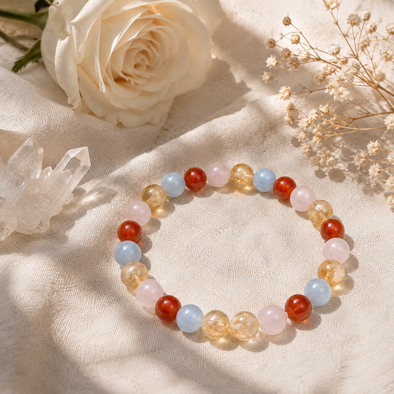 A beaded stretch bracelet with translucent and opaque round beads in coral red, pale pink, light blue, and clear yellow tones, arranged on a cream fabric backdrop with a white rose, crystals, and dried flowers.