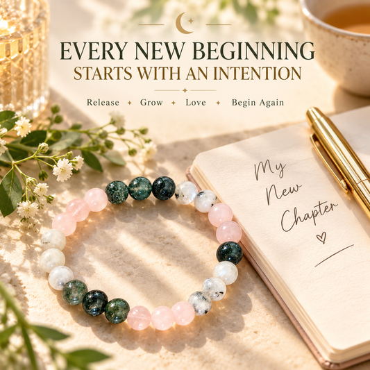 New Beginnings Crystal Bracelet | Rainbow Moonstone, Moss Agate & Rose Quartz
