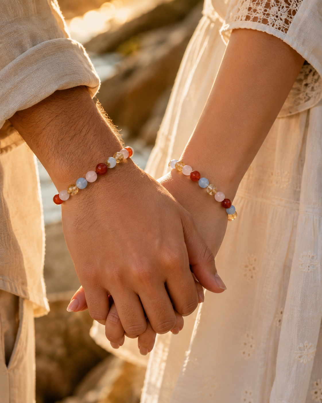 Two people holding hands outdoors, each wearing a beaded bracelet with red, white, light blue, and gold-toned beads.
