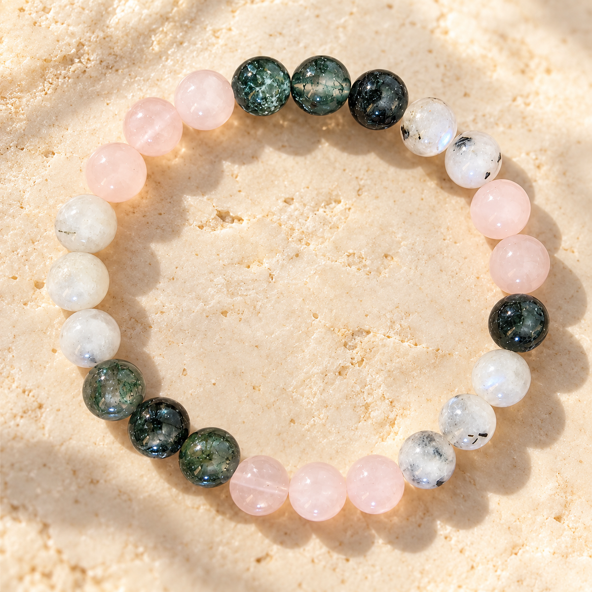New Beginnings Crystal Bracelet | Rainbow Moonstone, Moss Agate & Rose Quartz