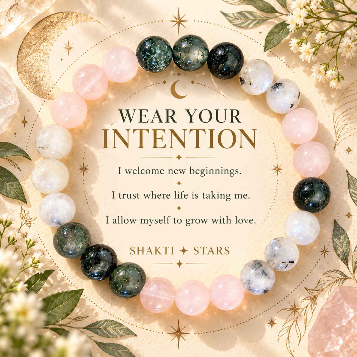 New Beginnings Crystal Bracelet | Rainbow Moonstone, Moss Agate & Rose Quartz